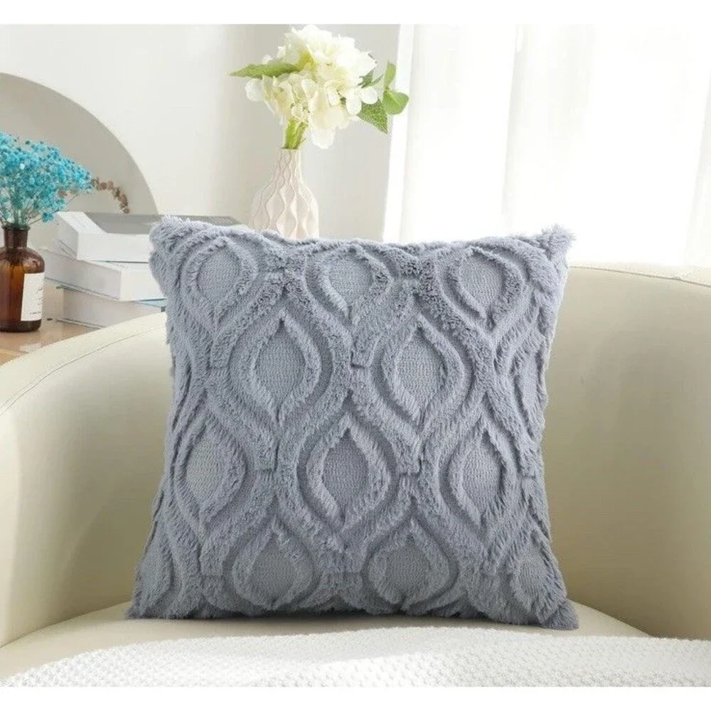 Pillow Covers 18X18in Set Of 2 Soft Plush Faux Fur Textured Blue Gray Farmhouse